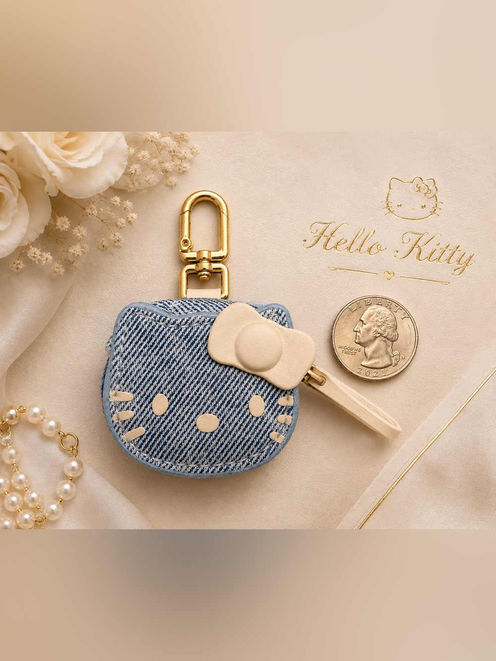 Hello Kitty Denim Blue Mini Keychain Pouch with Cream Bow